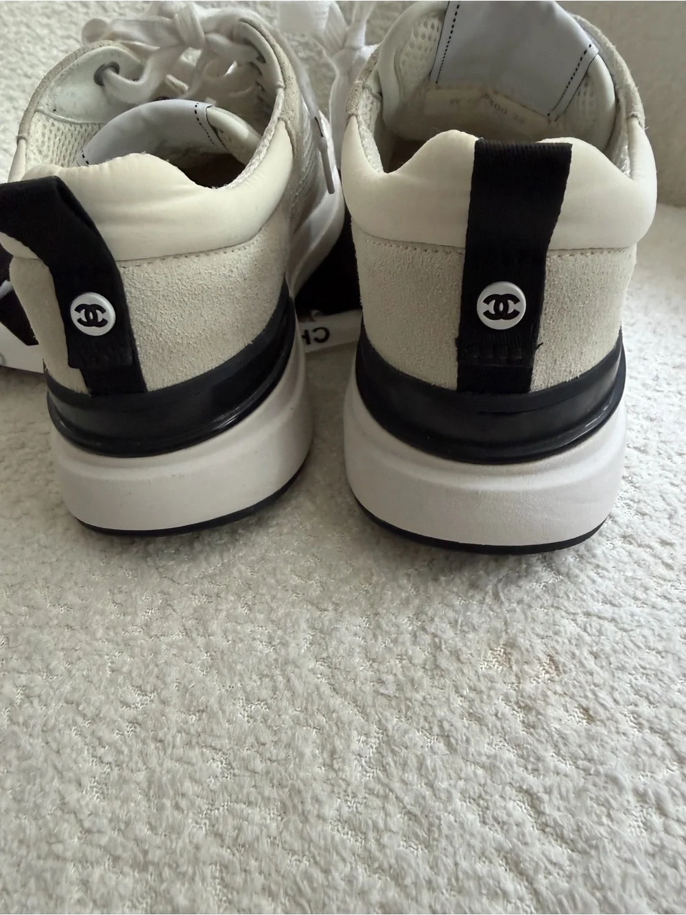CHANEL Cream and White Interlaced CC Logo Sneakers